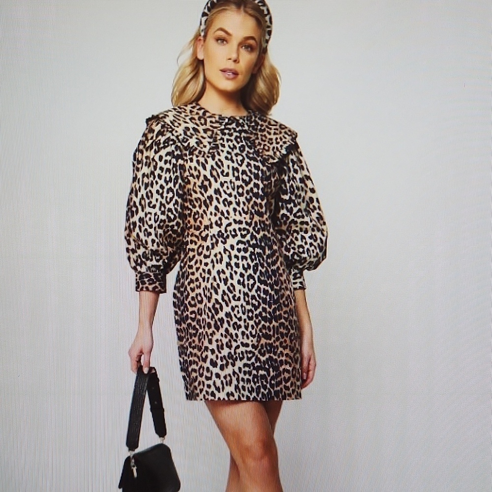 Ganni Leopard Print Puff Sleeve Mini Dress Brown 4